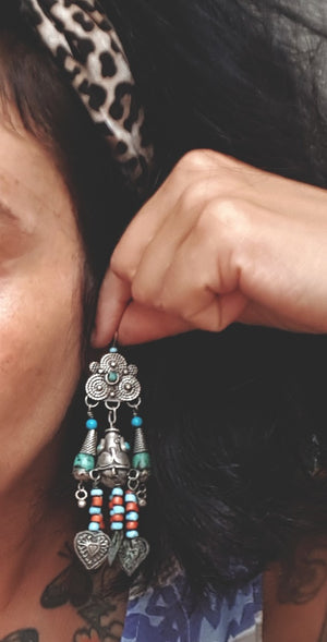 Huge Uzbek Coral Turquoise Dangle Earrings