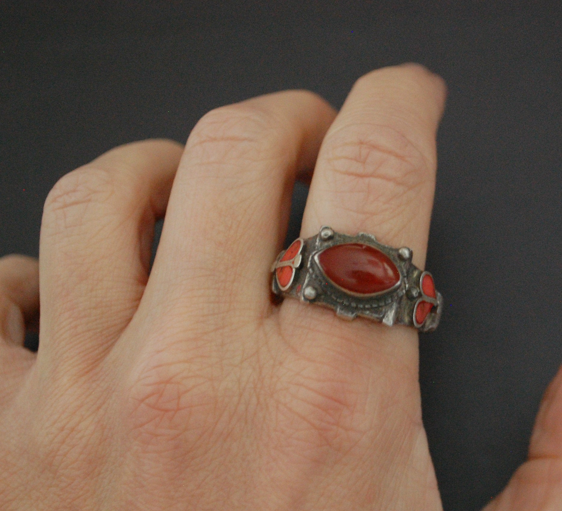 Old Afghani Coral and Carnelian Ring - Size 10.5