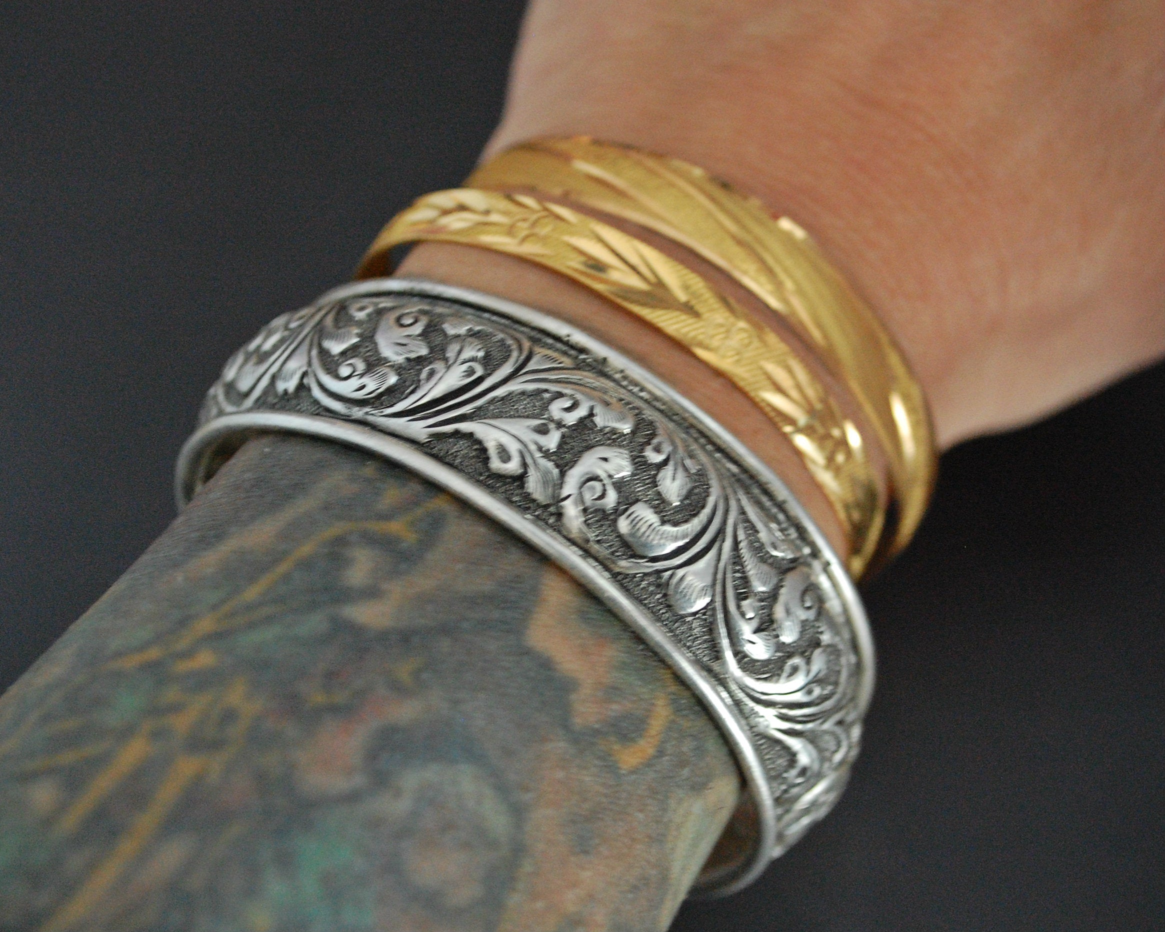 Repoussee Indian Bangle Bracelet - Sterling Silver