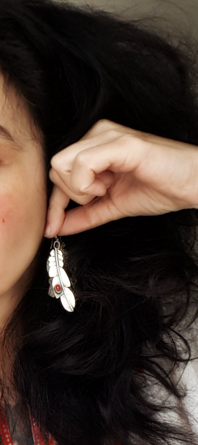 Native American Feather Coral Earrings