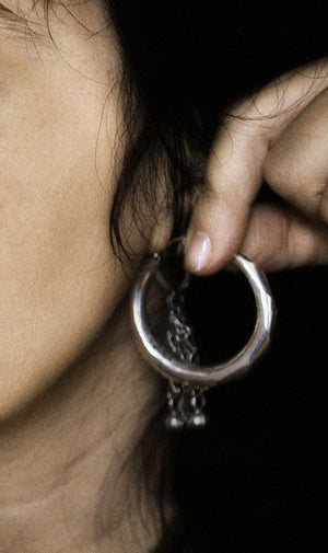 Faceted Ethnic Silver Hoop Earrings