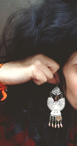 Uzbek Coral Pearl Earrings with Bird