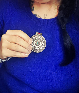 Nepali Shell Repoussee Silver Amulet with Coral and Turquoise