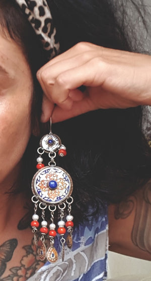 Huge Uzbek Enamelled Lapis Dangle Earrings