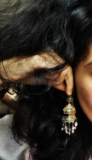 Gilded Uzbek Filigree Gemstone Earrings