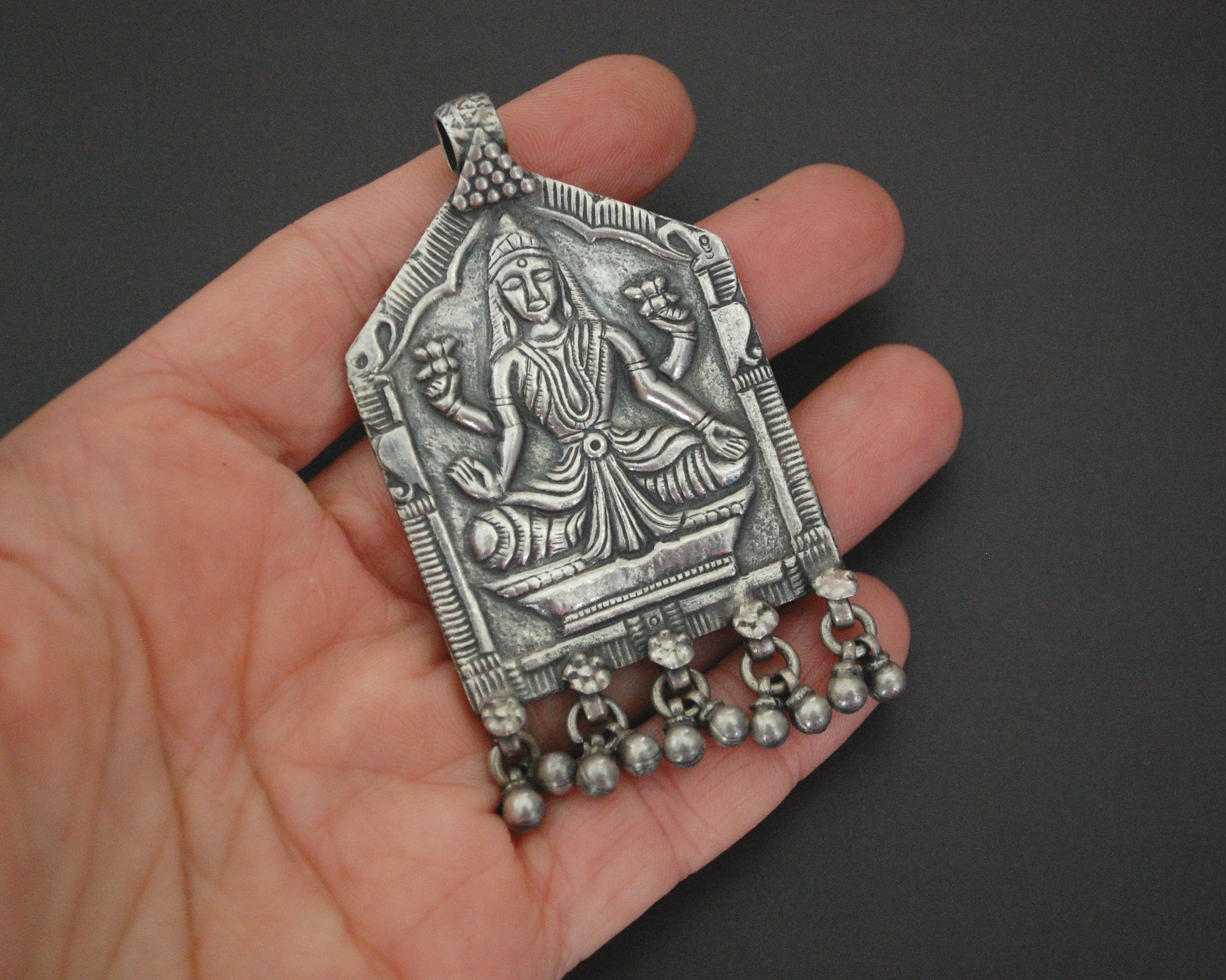 Large Hindu Goddess Lakshmi Pendant with Bells