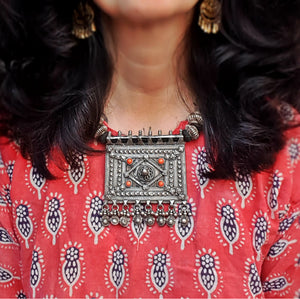 Huge Indian Coral Silver Necklace on Cotton Cord