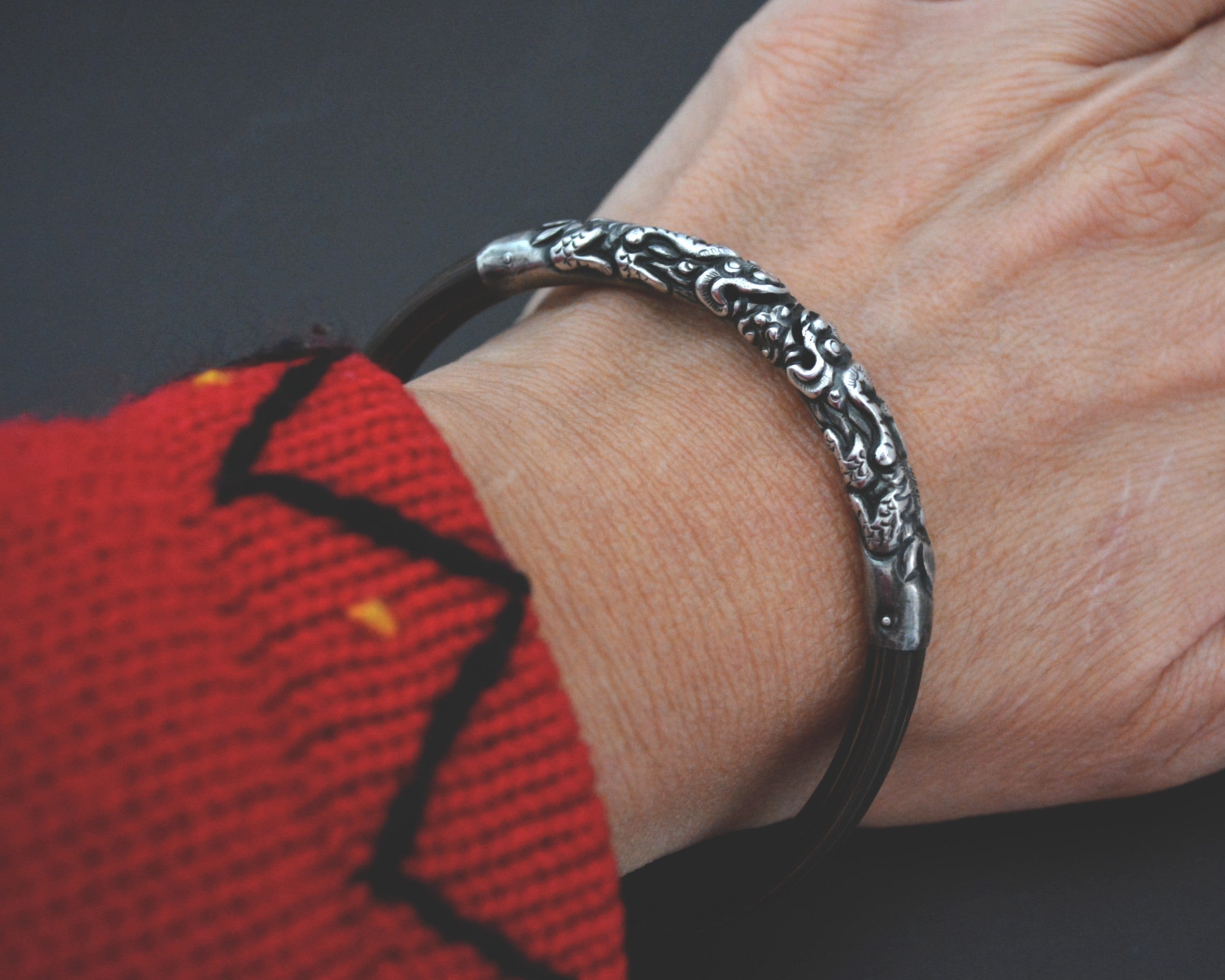Chinese Bamboo Bracelet with Silver Repoussee Dragon