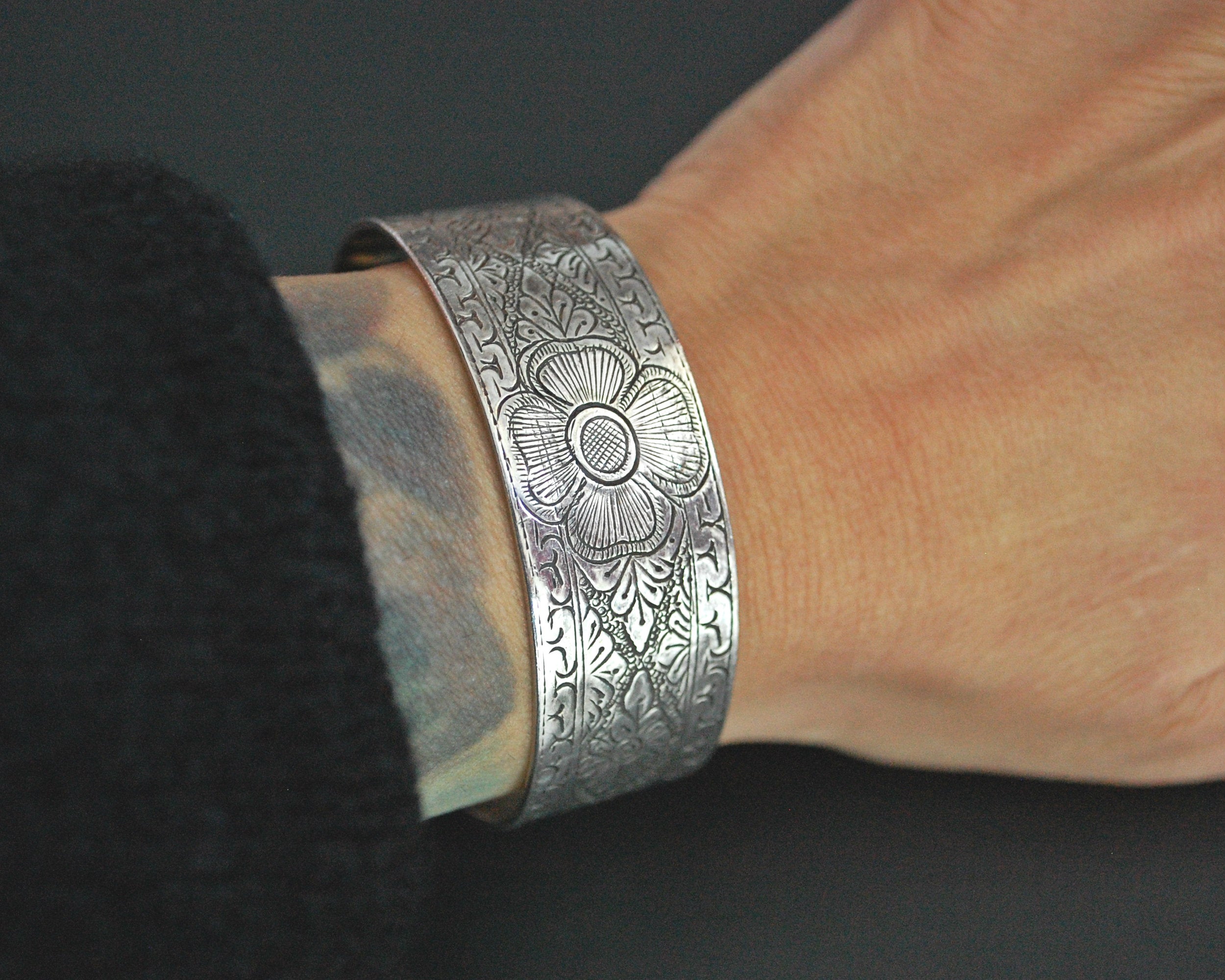 Nepali Lotus Engraved Cuff Bracelet