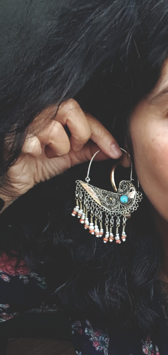 Uzbek Gilded Bird Earrings with Turquoise, Coral and Pearls