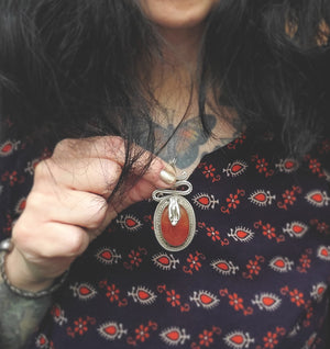 Carnelian and Sterling Silver Snake Pendant