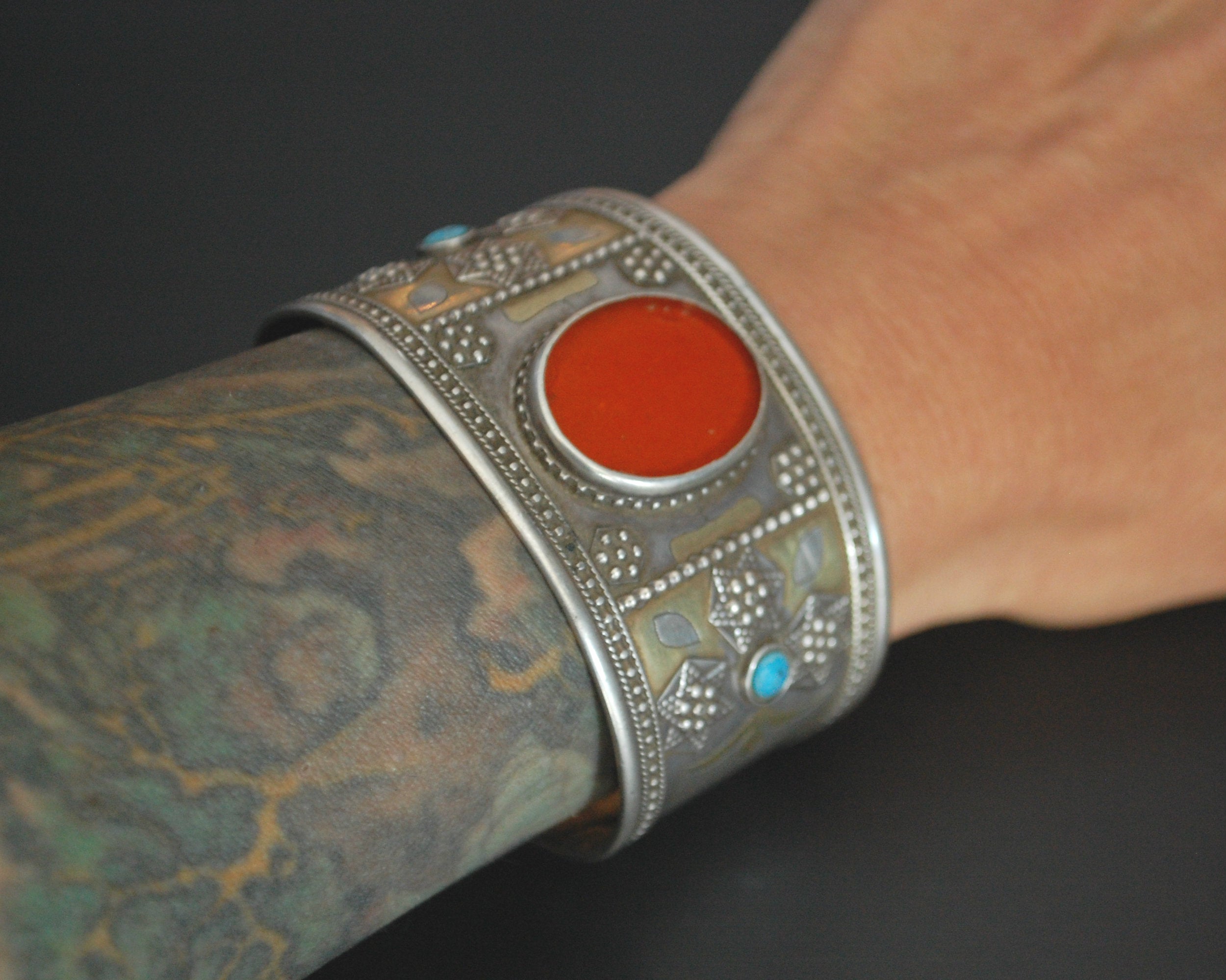Pair Turkmen Carnelian Turquoise Cuff Bracelet
