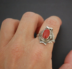 Vintage Nepali Coral Saddle Ring - Size 8