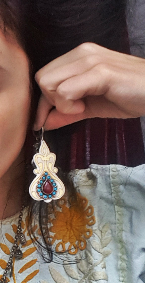 Vintage Turkmen Silver Gilded Earrings with Carnelian and Turquoise