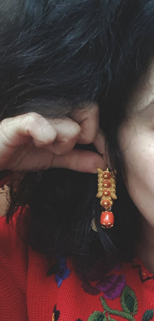 Tibetan Gilded Earrings with Faux Coral