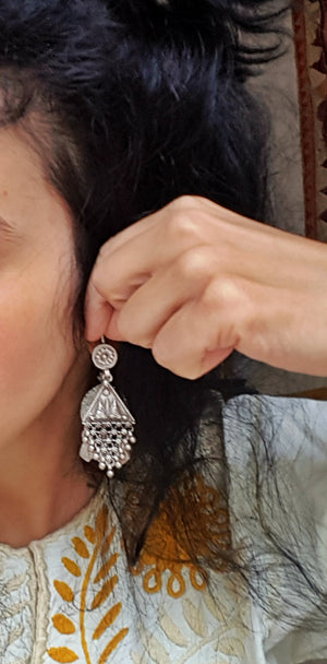 Long Rajasthani Silver Earrings with Dangles