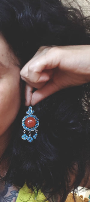 Vintage Turkmen Earrings with Carnelian and Turquoise