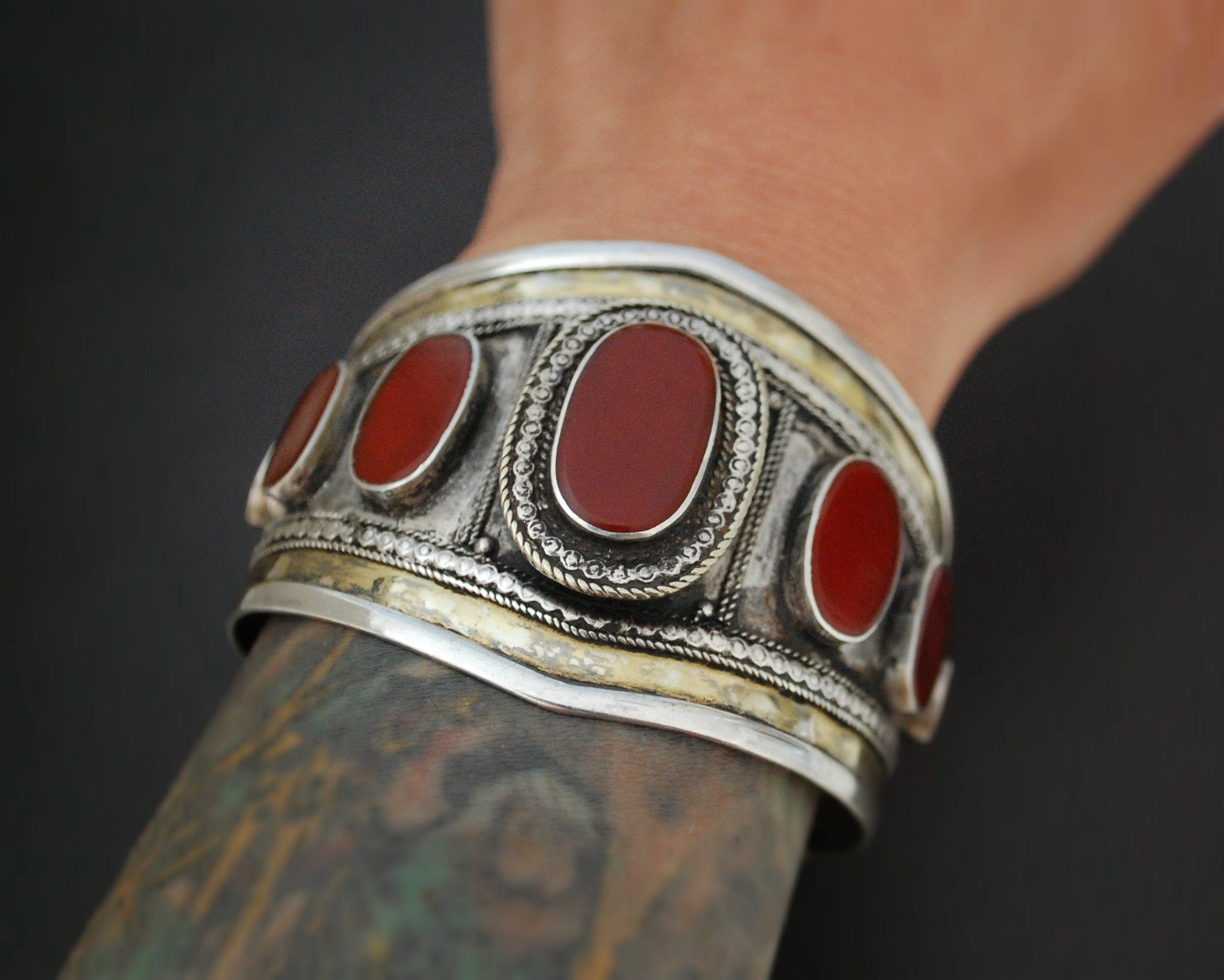 Afghani Turkmen Carnelian Gilded Cuff Bracelet