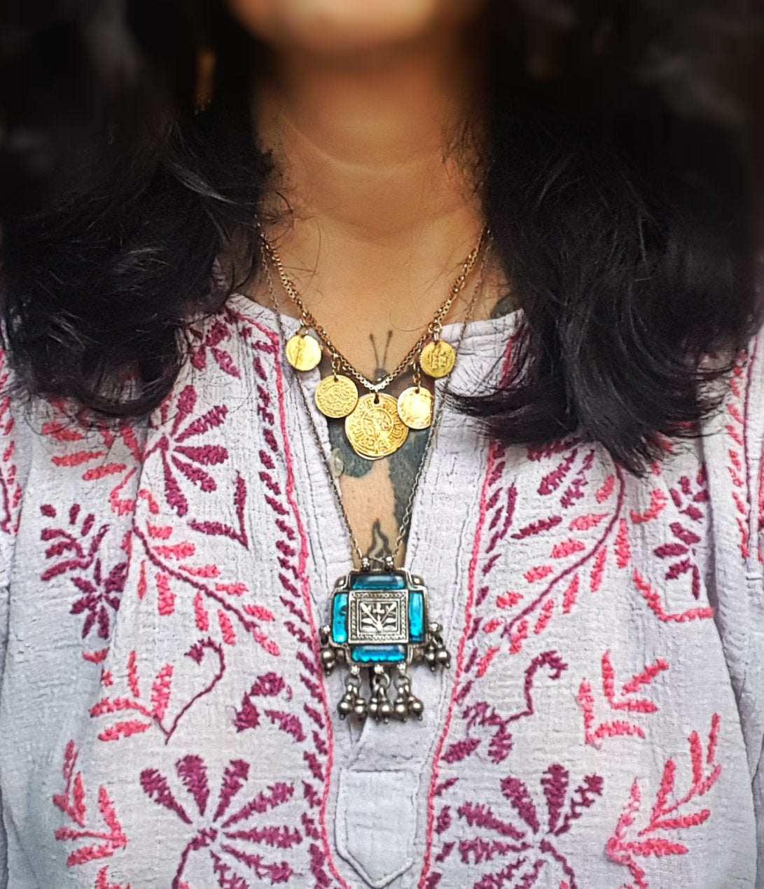 Rajasthani Silver Amulet with Glass and Bells Necklace