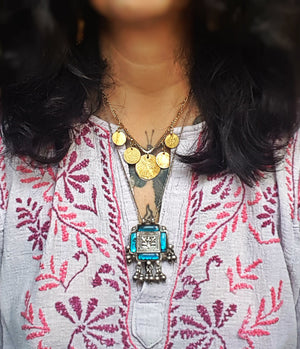 Rajasthani Silver Amulet with Glass and Bells Necklace