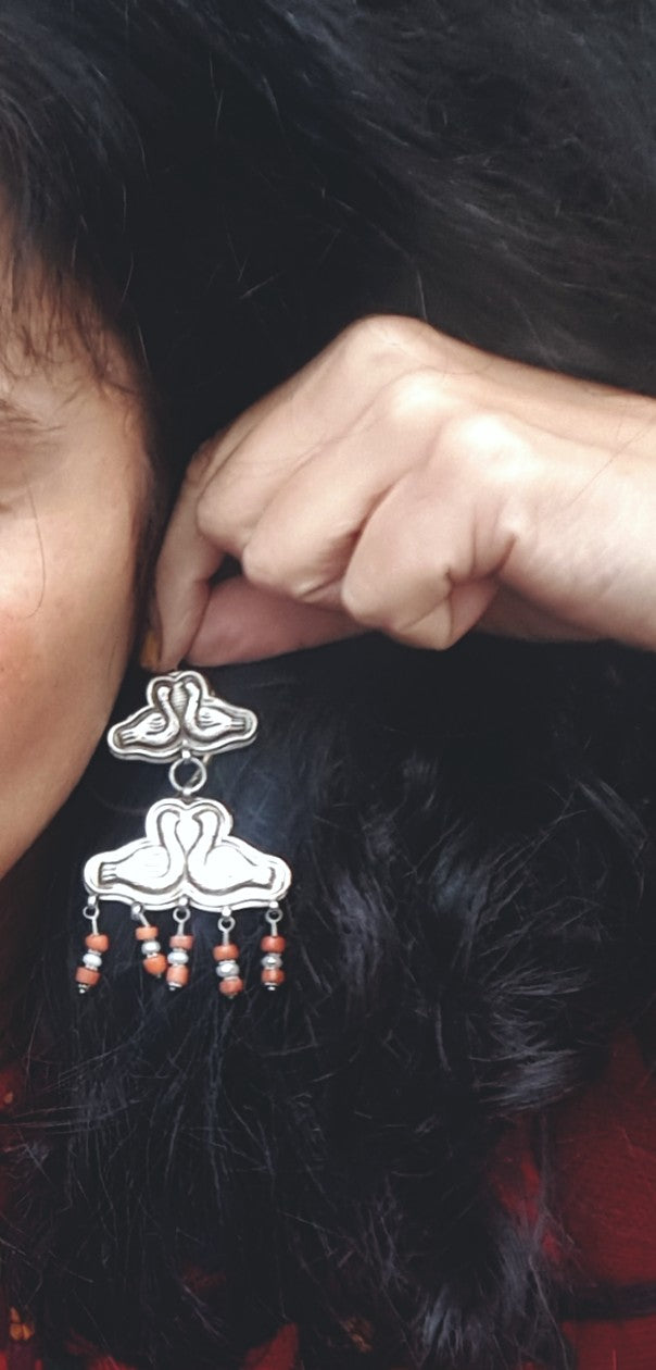 Long Uzbek Coral Earrings with Bird