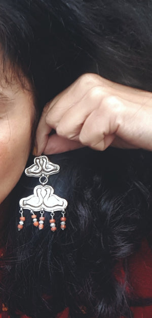Long Uzbek Coral Earrings with Bird