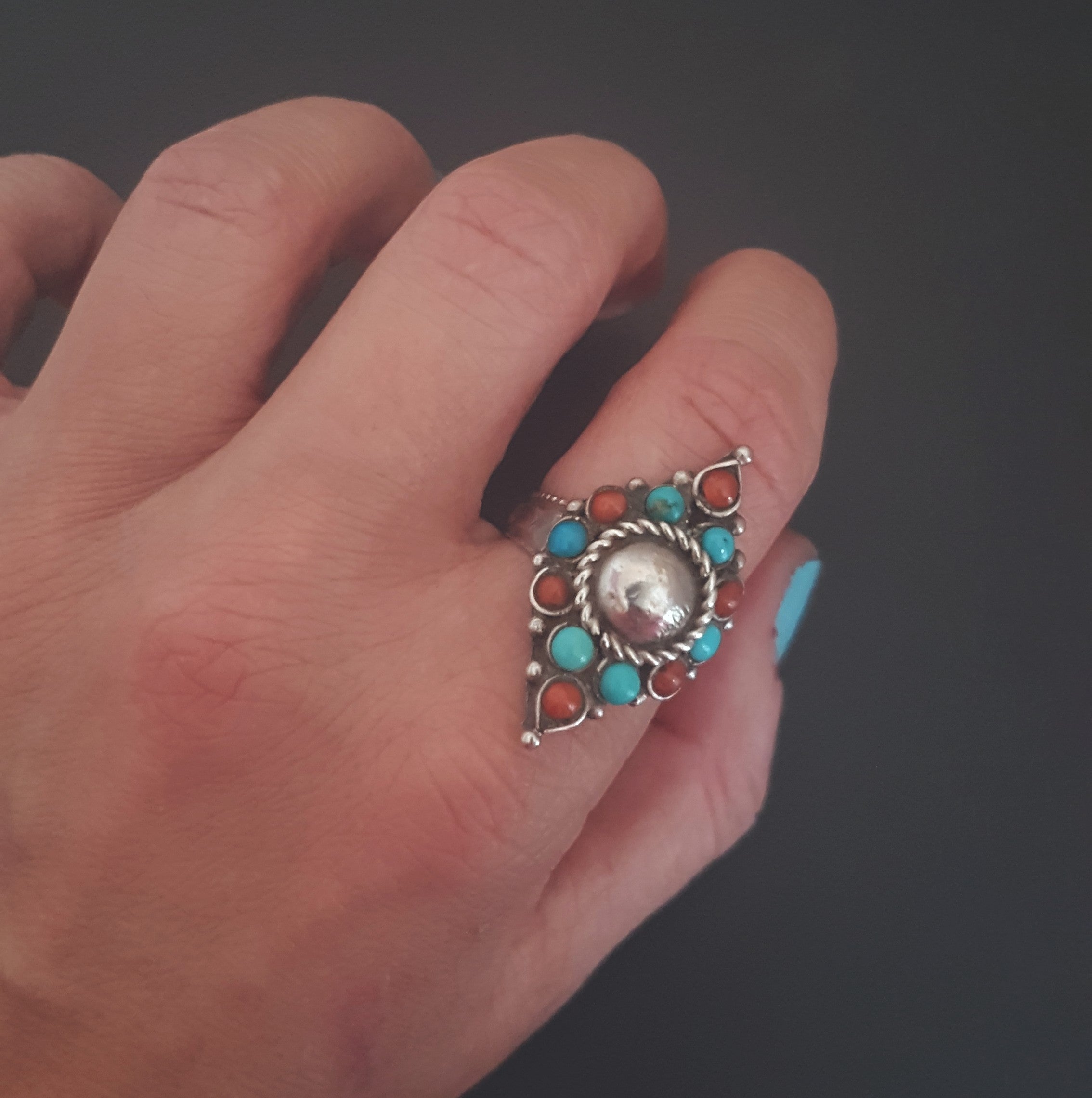 Nepali Turquoise Coral Ring - Size 7.25