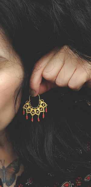 Gilded Filigree Coral Hoop Earrings - Gilded over Sterling
