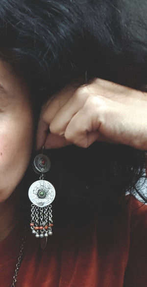Uzbek Coral Turquoise Earrings with litte Bell Dangles