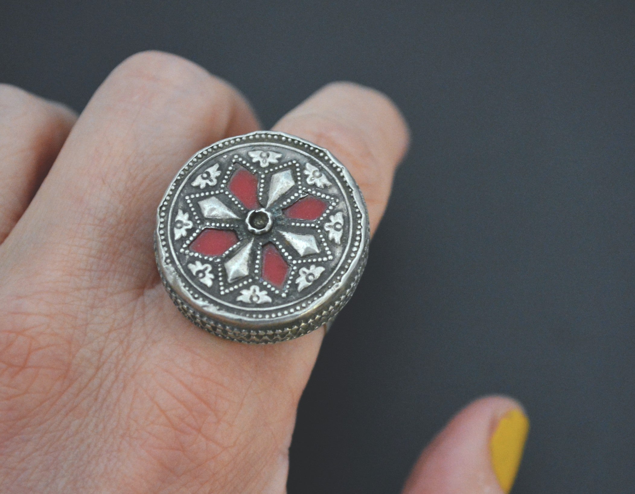 Afghani Silver Ring with Red Glass - Size 8