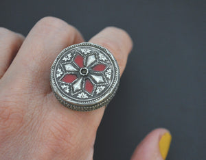 Afghani Silver Ring with Red Glass - Size 8
