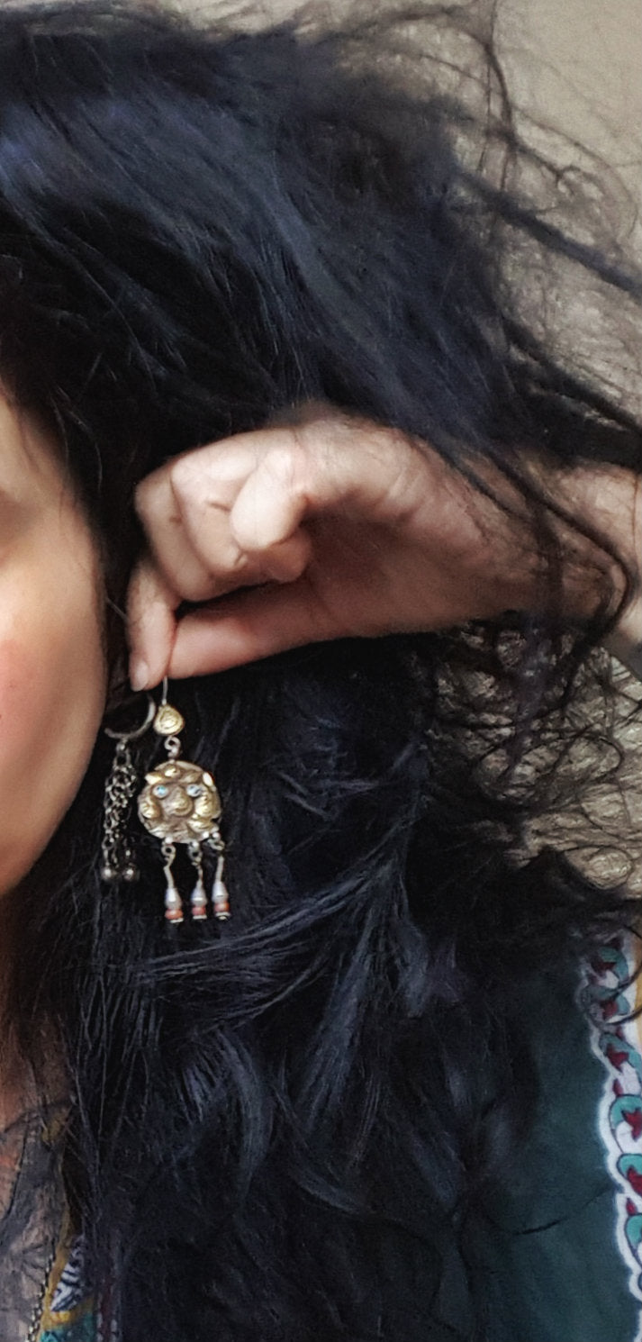 Old Uzbek Coral Turquoise and Pearl Earrings with Gilding