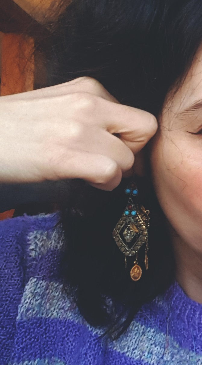 Afghani Silver Gilded Earrings Stones