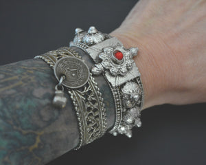 Yemeni Bedouin Silver Bracelet with Red Bead - Hinged - Small Size