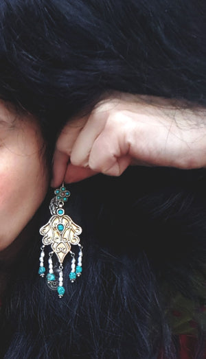Long Gilded Uzbek Turquoise Pearl Earrings