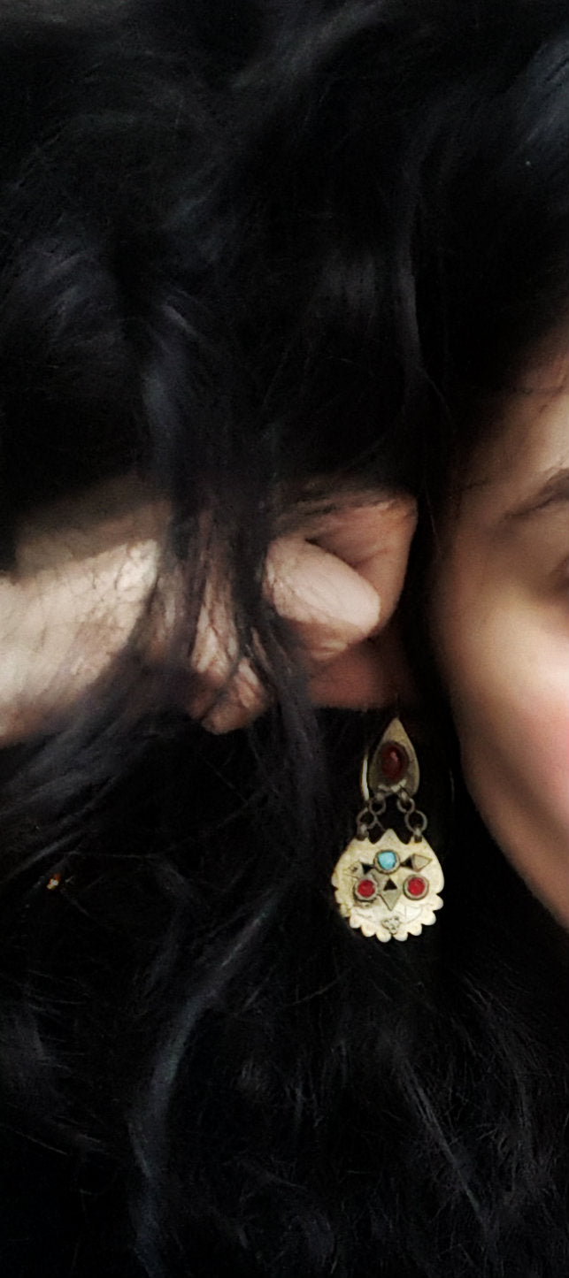 Vintage Turkmen Gilded Earrings with Glass Stones