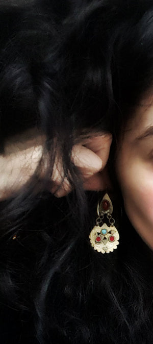 Vintage Turkmen Gilded Earrings with Glass Stones