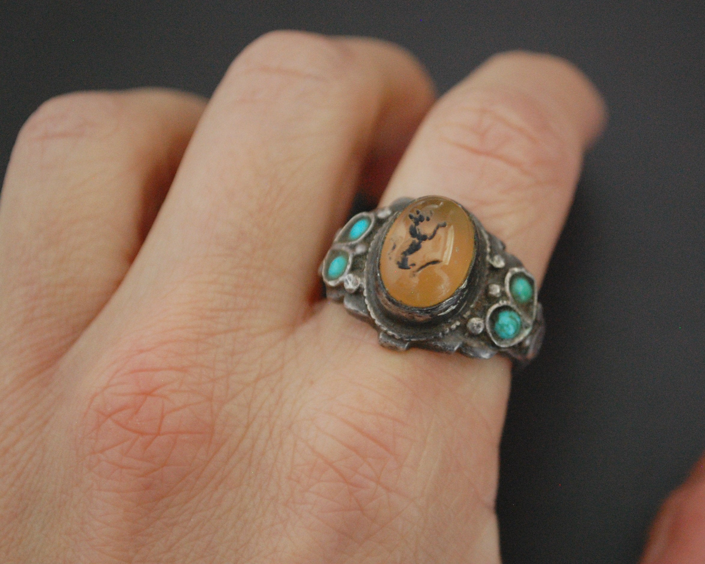 Old Afghani Intaglio Amber Turquoise Ring - Size 8.5
