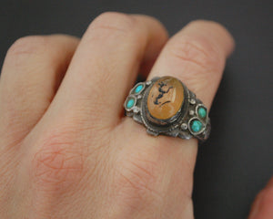 Old Afghani Intaglio Amber Turquoise Ring - Size 8.5