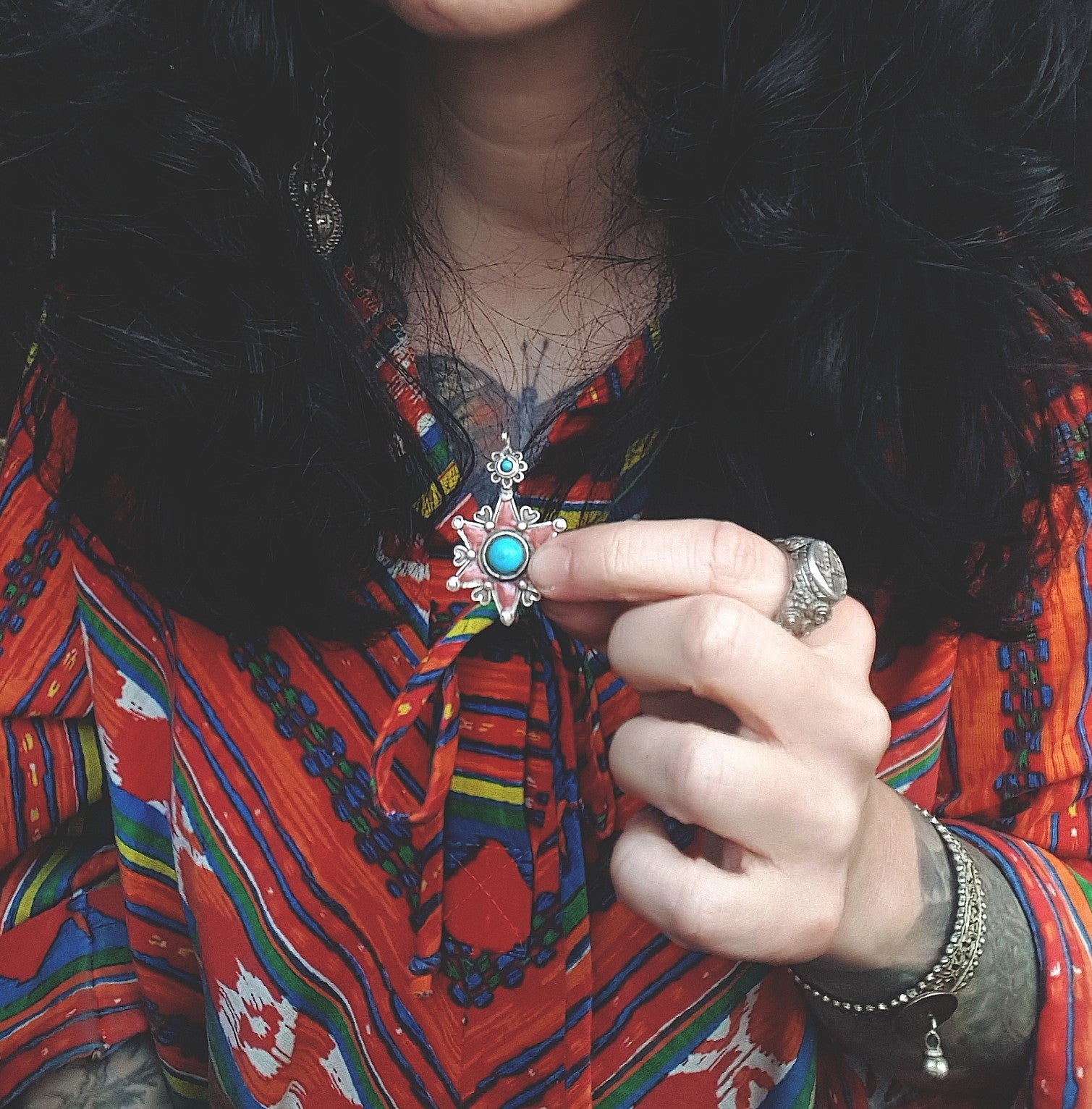 Pretty Uzbek Turquoise and Enamel Star Pendant