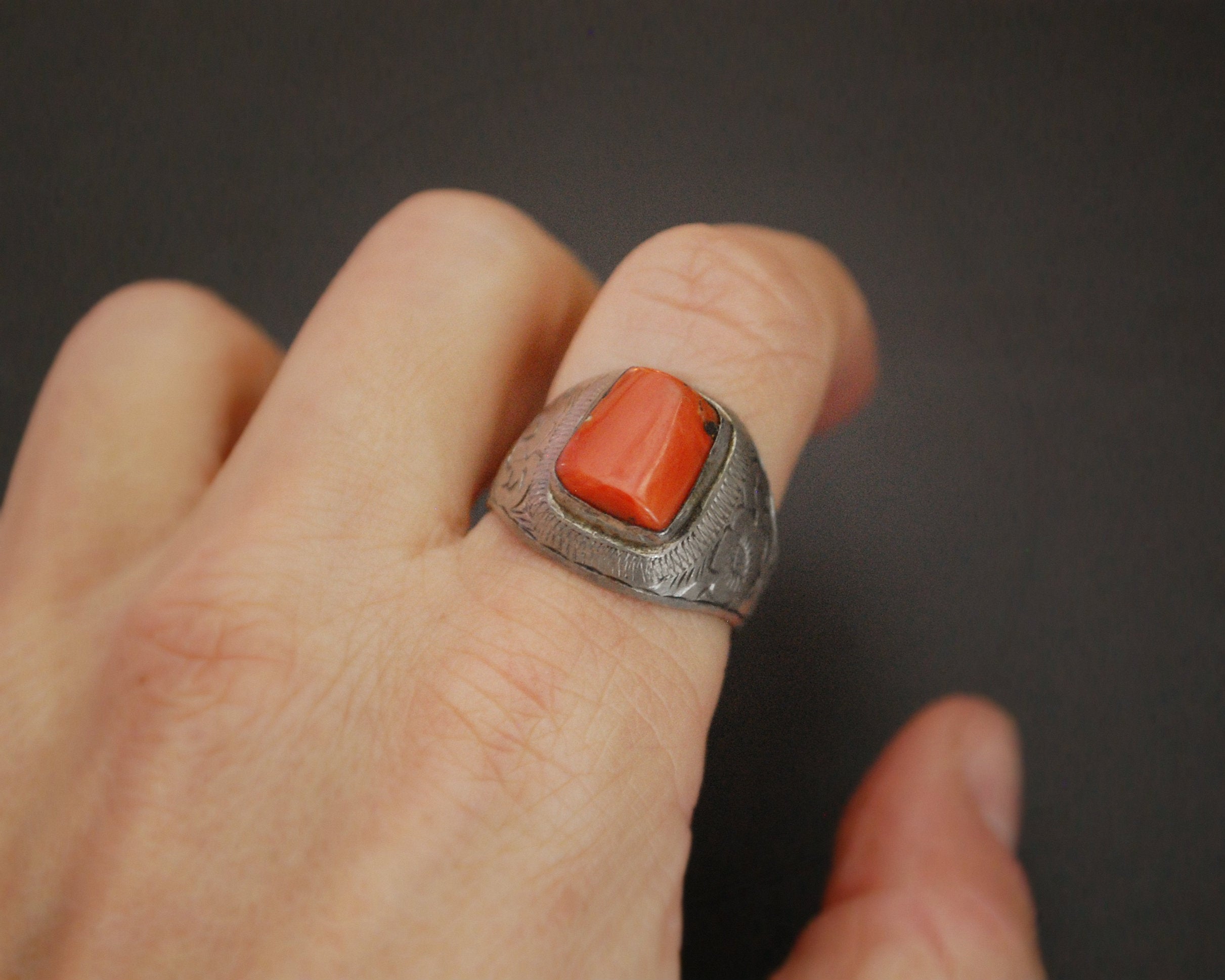 Old Afghani Coral Ring - Size 9.75