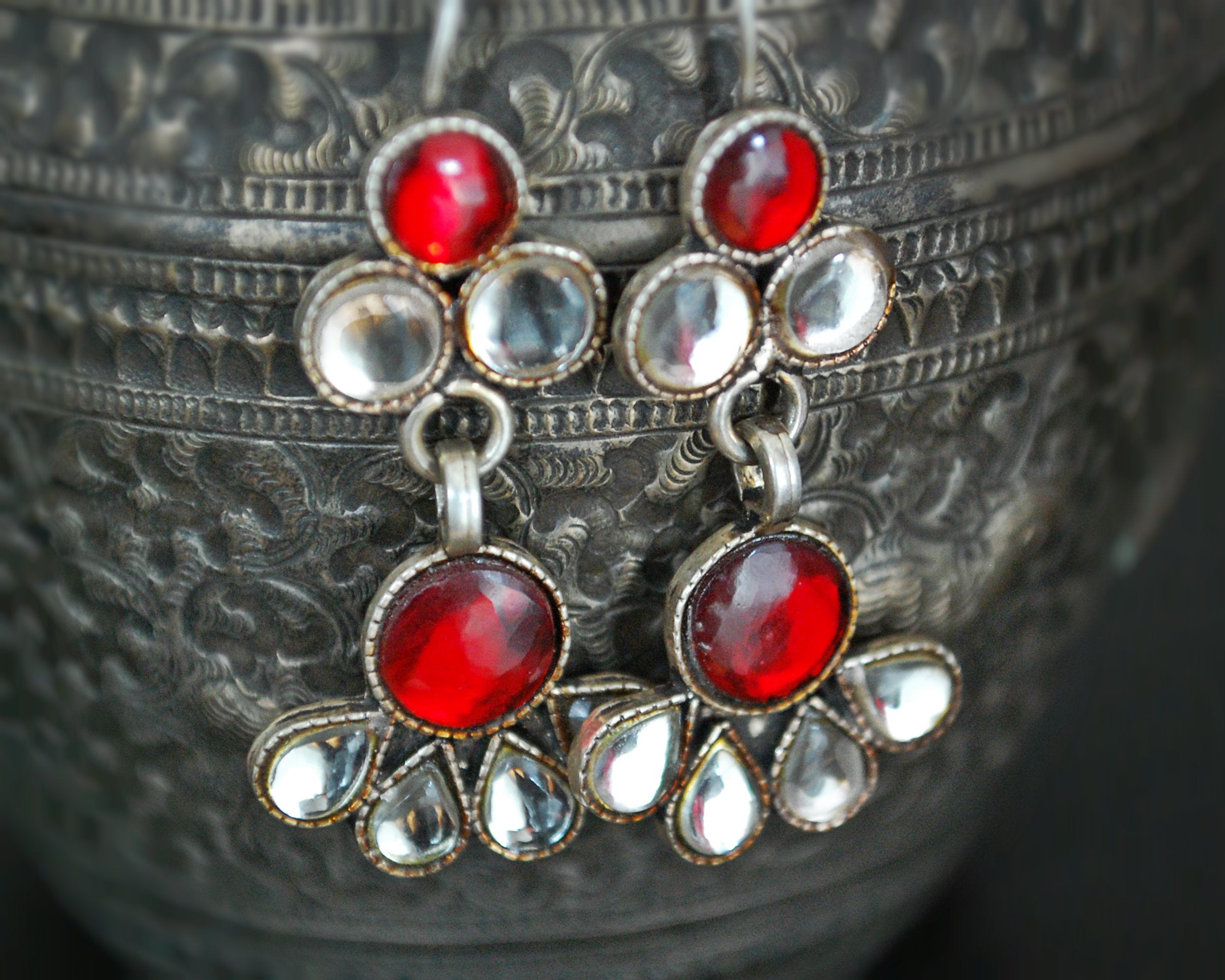 Rajasthani Glass Earrings - Red and White