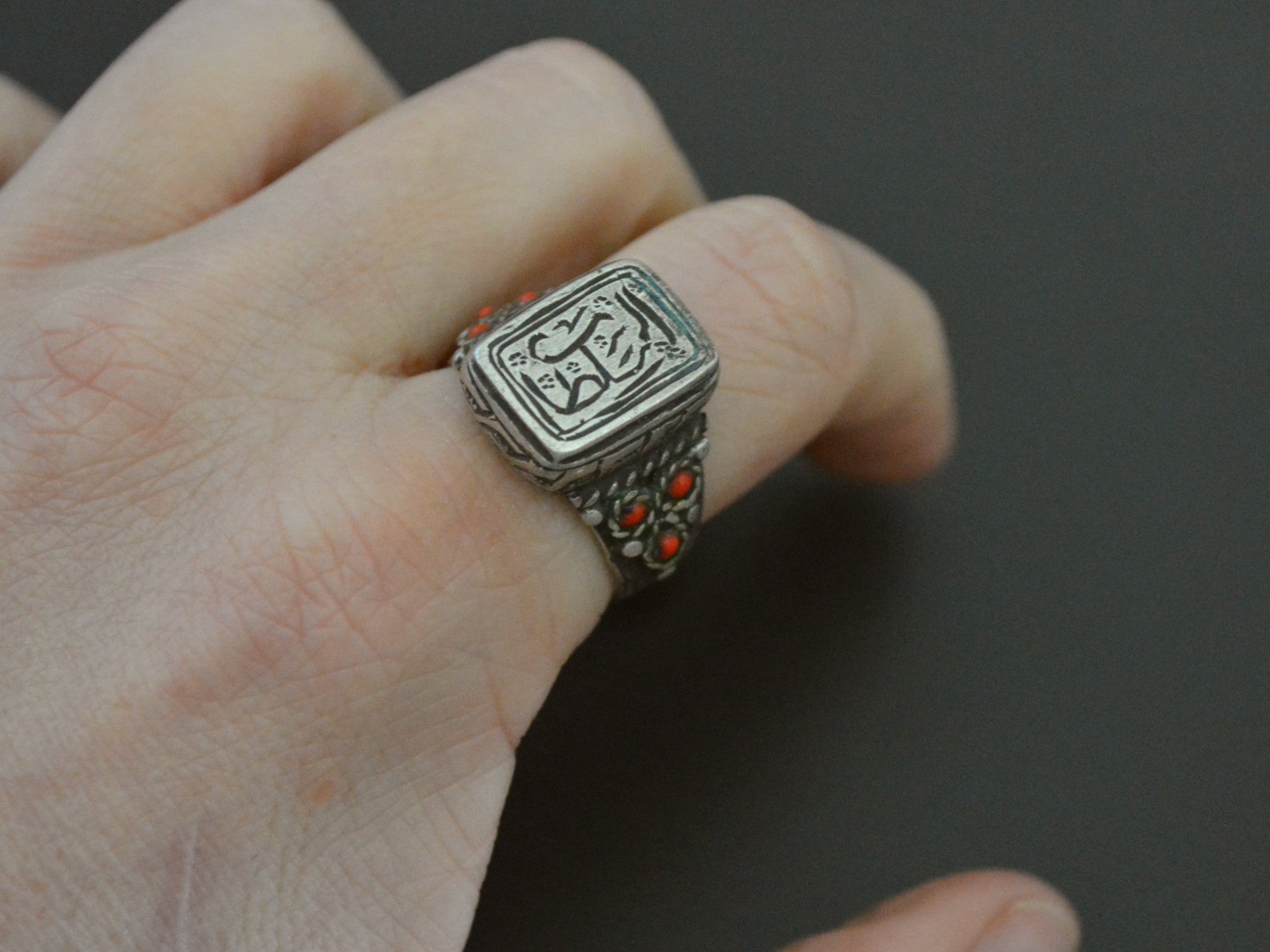 Afghani Ring with Red Glass - Size 8.5