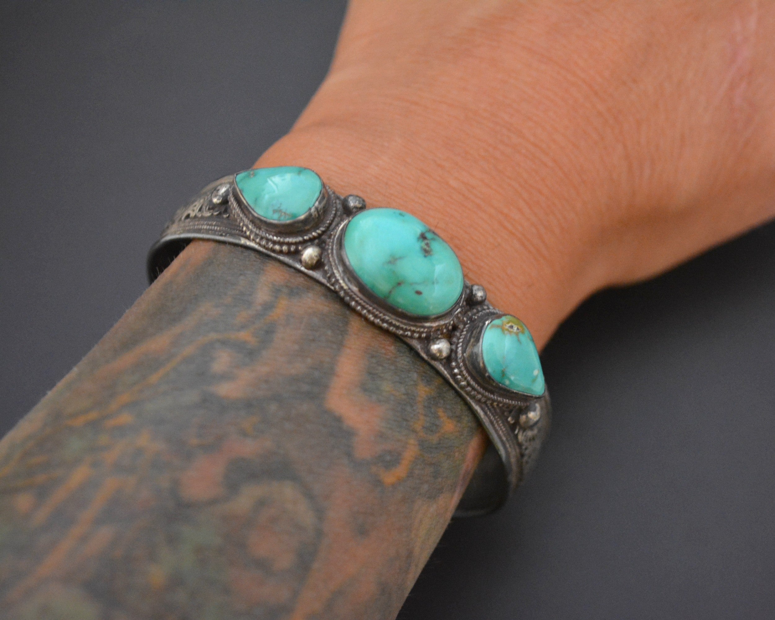 Nepali Turquoise Cuff Bracelet with Filigree Work
