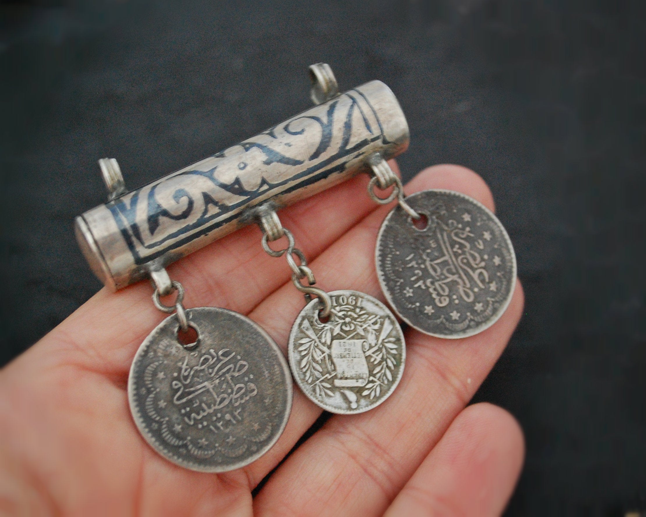 Antique Ottoman Niello Pendant with Coins
