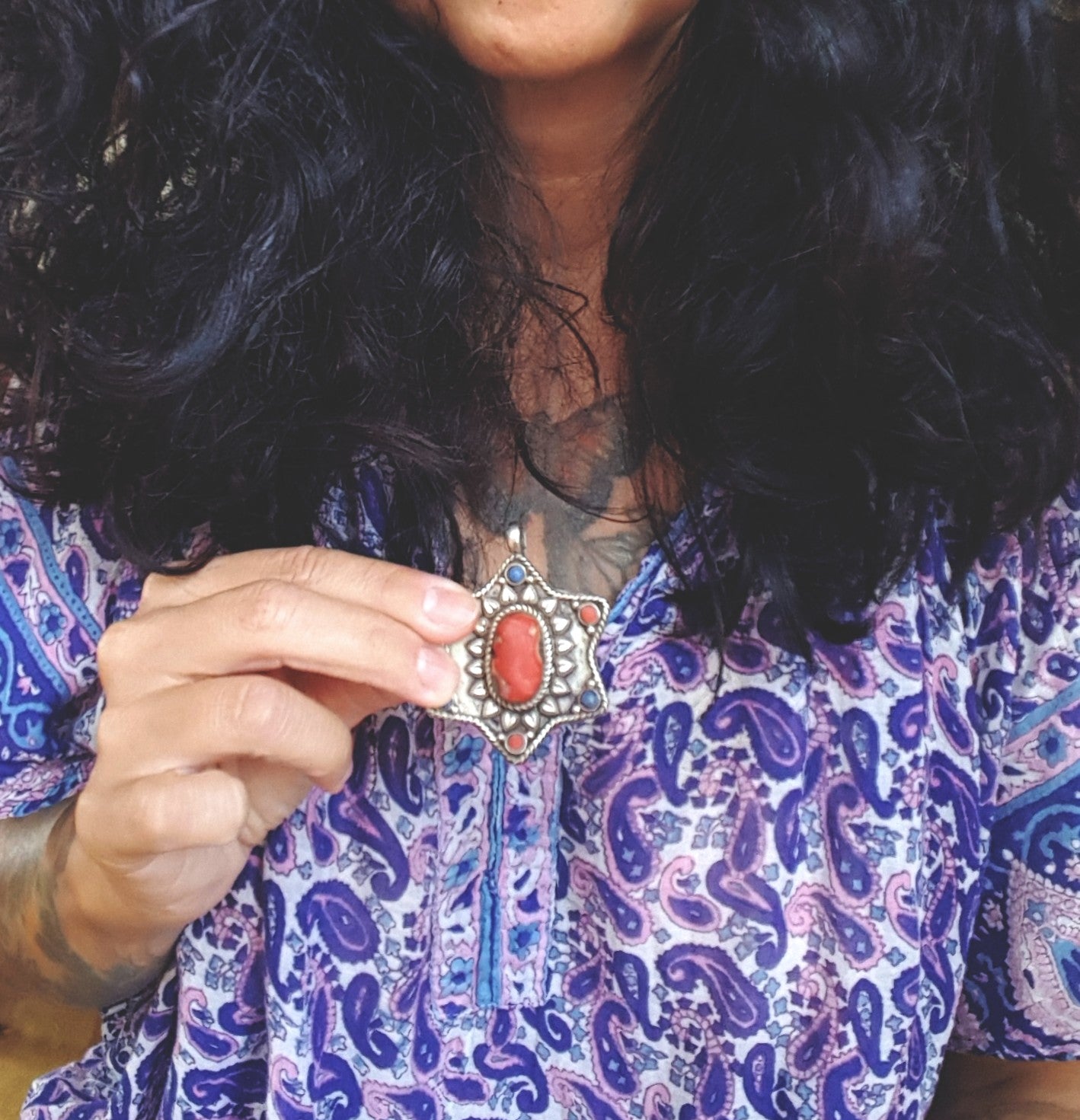 Nepali Star Pendant with Coral and Lapis Lazuli