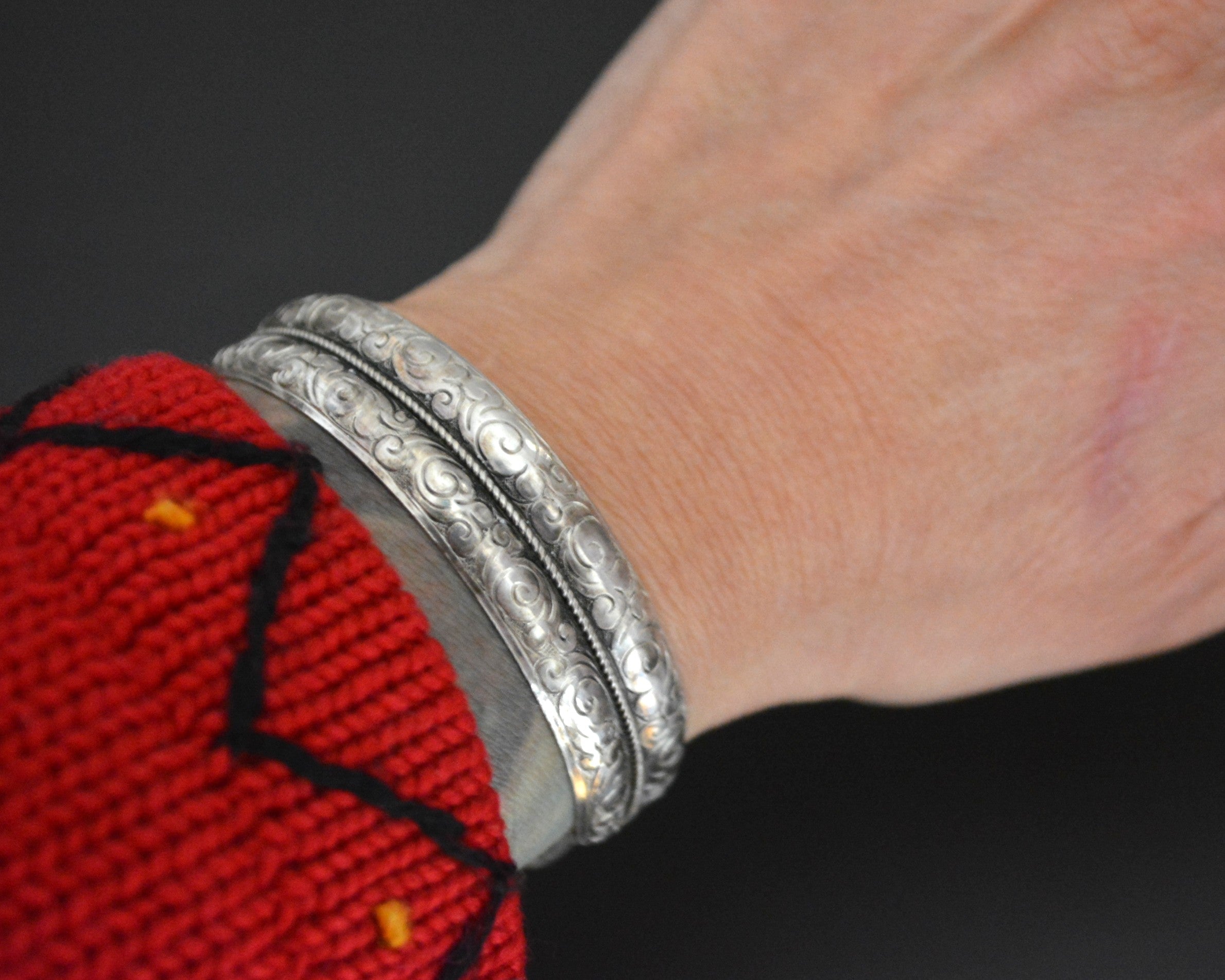 Nepali Silver Cuff Bracelet with Carvings
