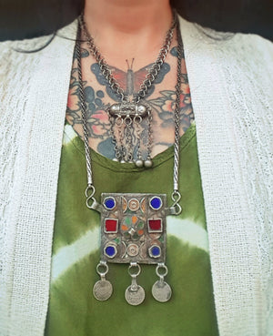 Old Berber Enamel Hirz Pendant with Coins on Silver Chain
