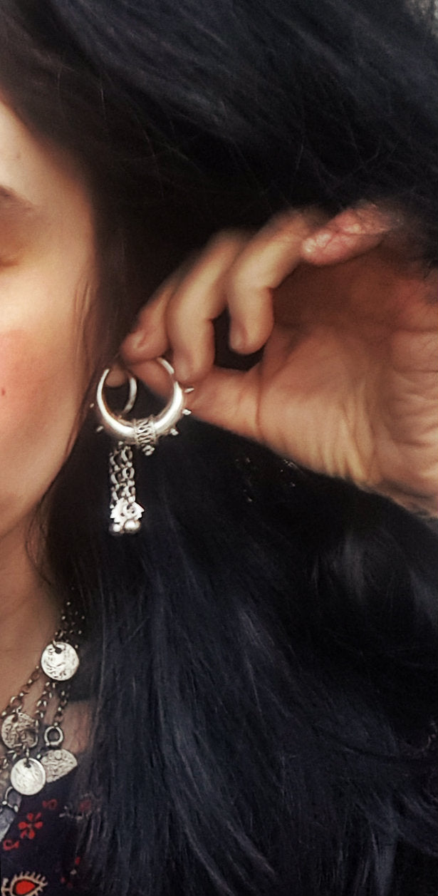 Ethnic Silver Spike Hoop Earrings - MEDIUM