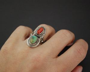 Vintage Nepali Coral Turquoise Ring - Size 5.25